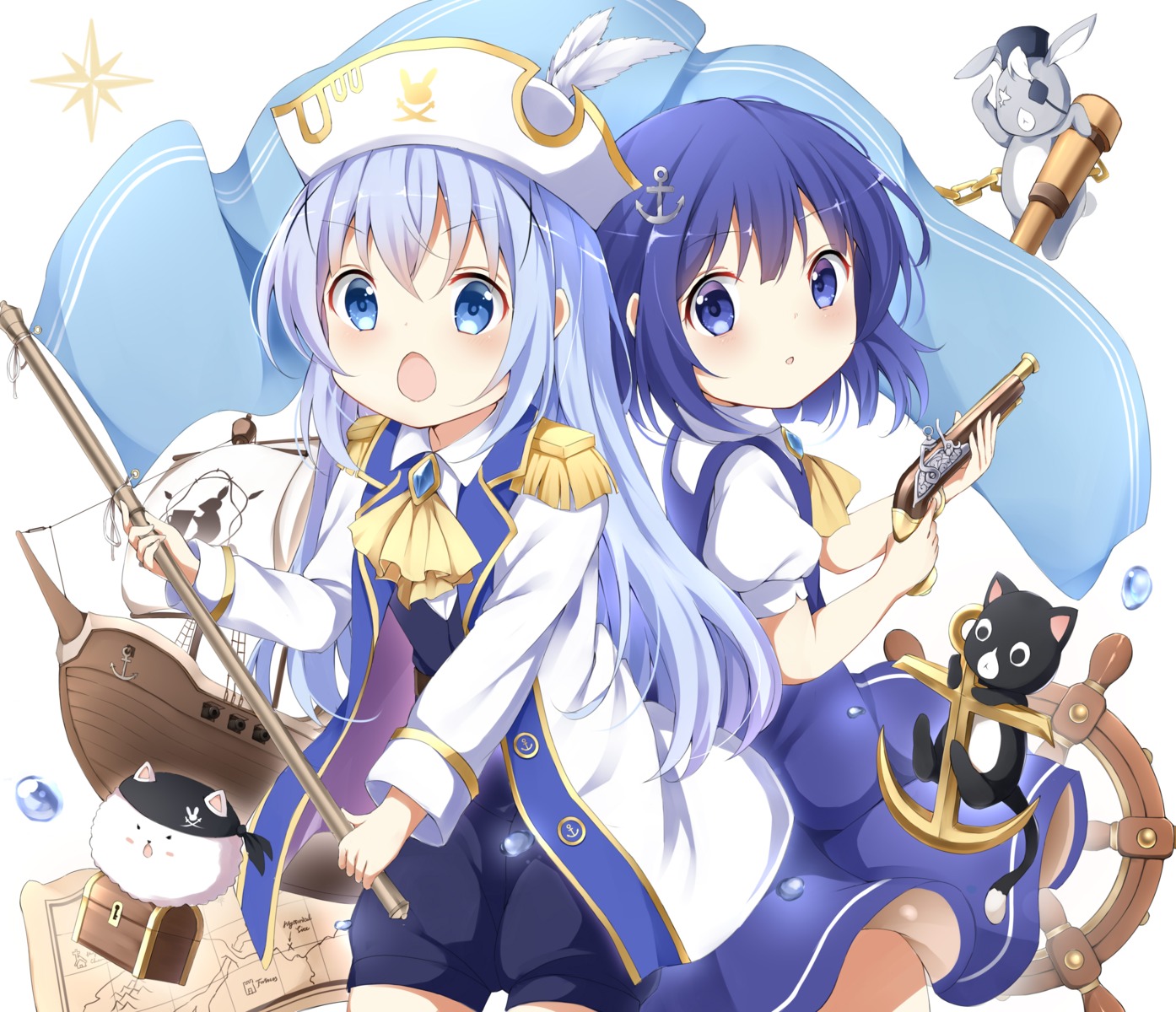 eyepatch, fuiba_fuyu, gochuumon_wa_usagi_desu_ka?, gun, kafuu_chino, neko, seifuku, skirt_lift