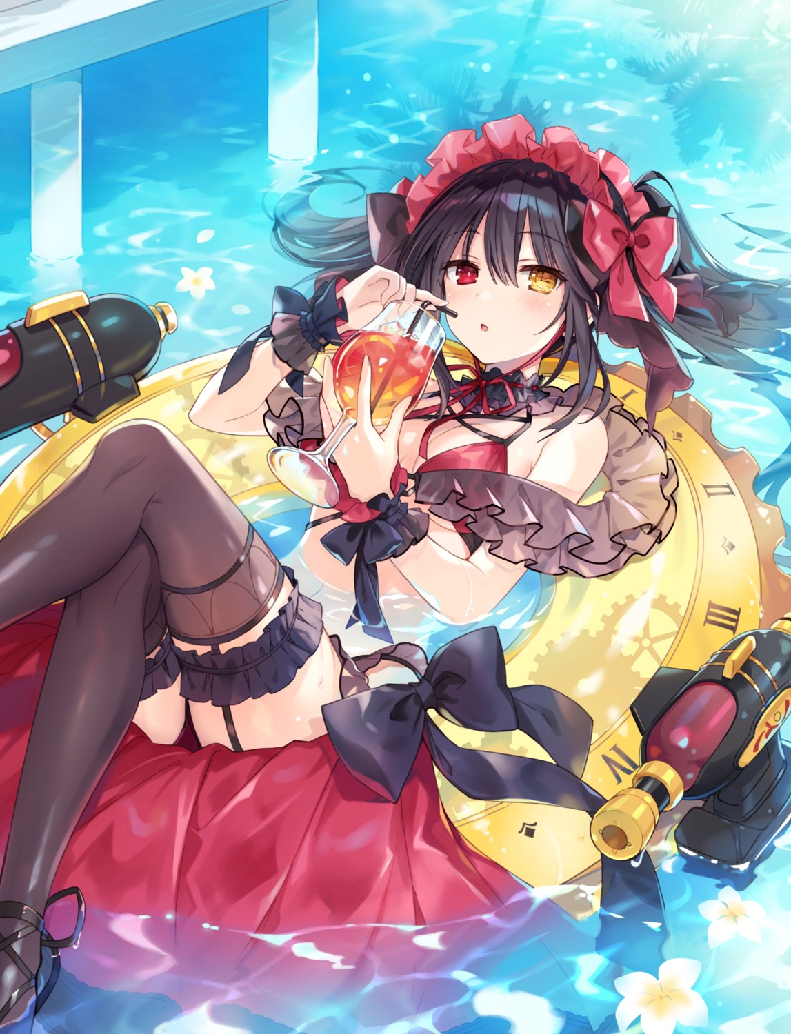 bikini, date_a_live, fantasia_re:build, garter, heterochromia, stockings, swimsuits, thighhighs, tokisaki_kurumi, tsunako, wet