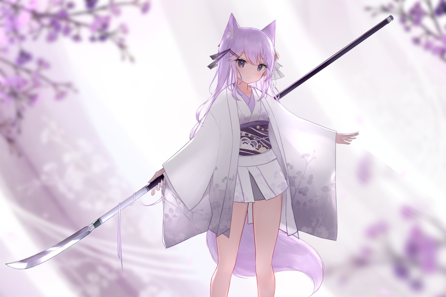animal_ears, guo582, japanese_clothes, tail, weapon