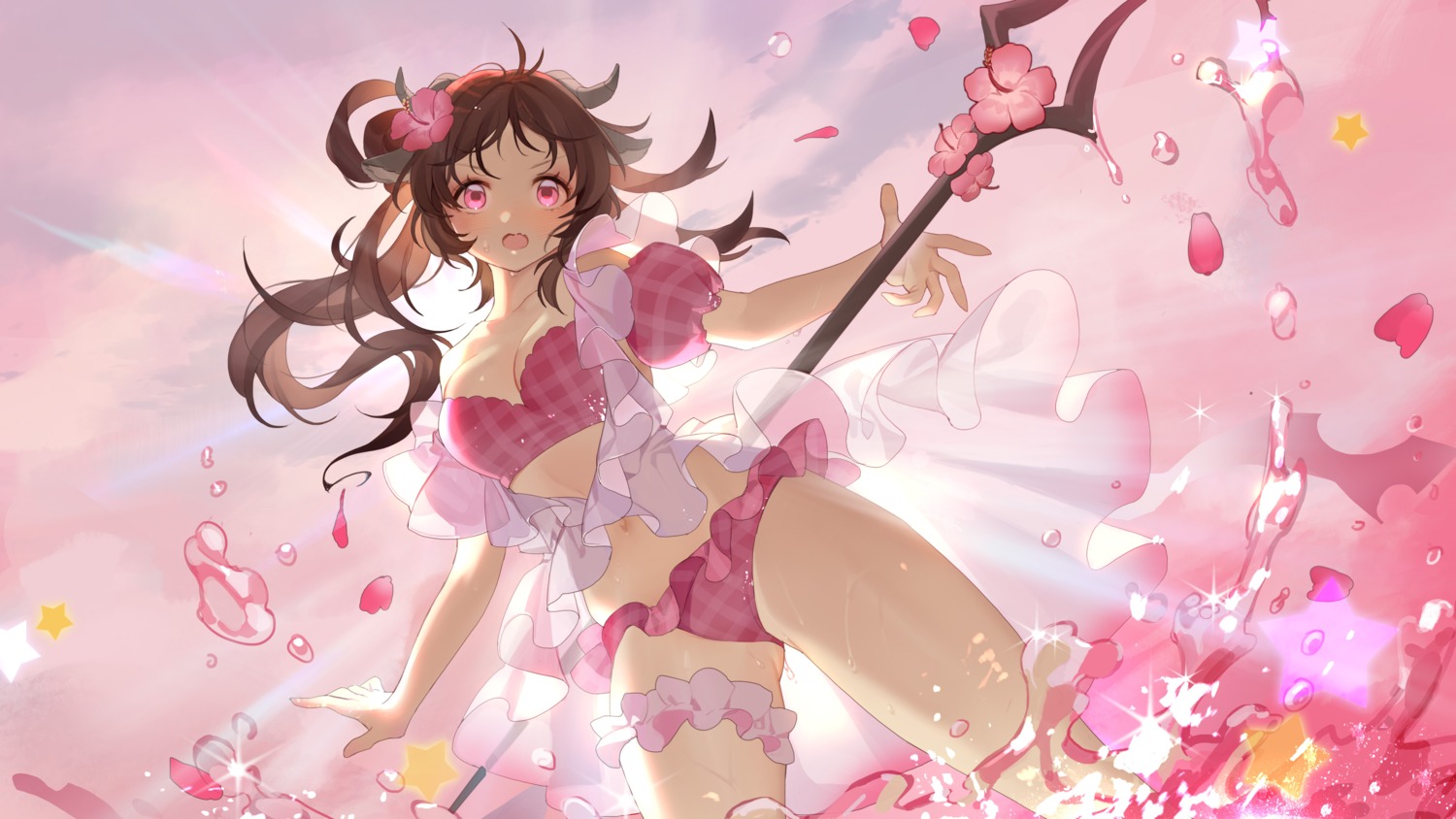 animal_ears, arknights, bahao_diqiu, bikini, eyjafjalla_(arknights), garter, horns, open_shirt, skirt_lift, swimsuits, weapon, wet