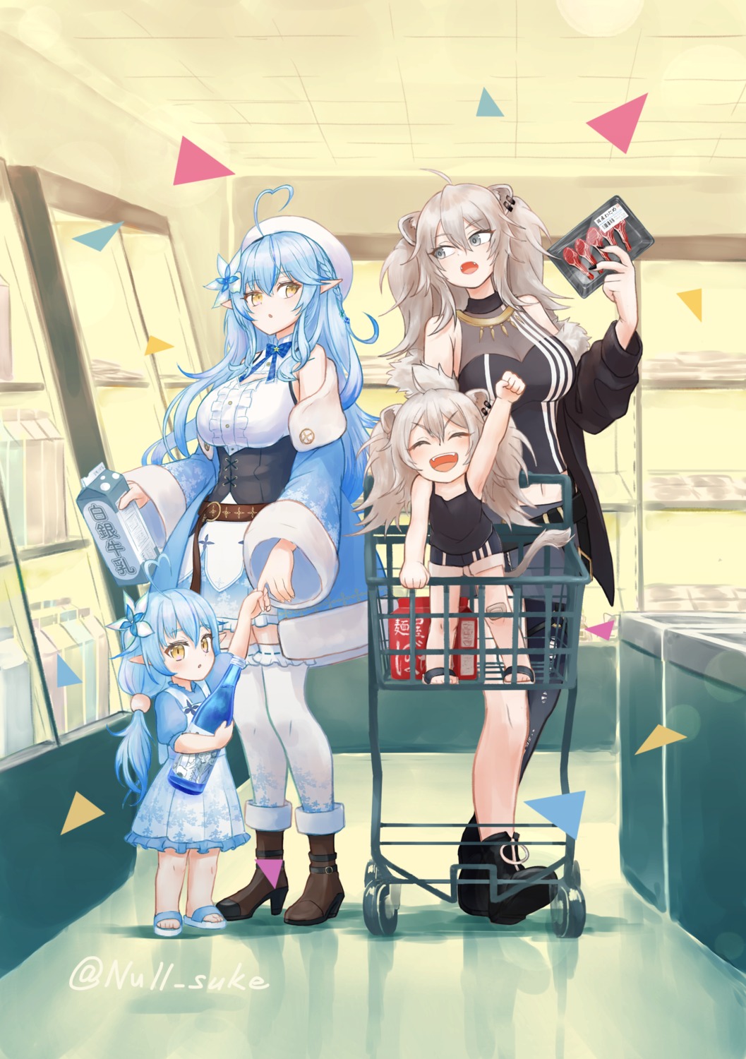 animal_ears, dress, elf, heels, hololive, null_suke, pointy_ears, shishiro_botan, tail, thighhighs, torn_clothes, yukihana_lamy