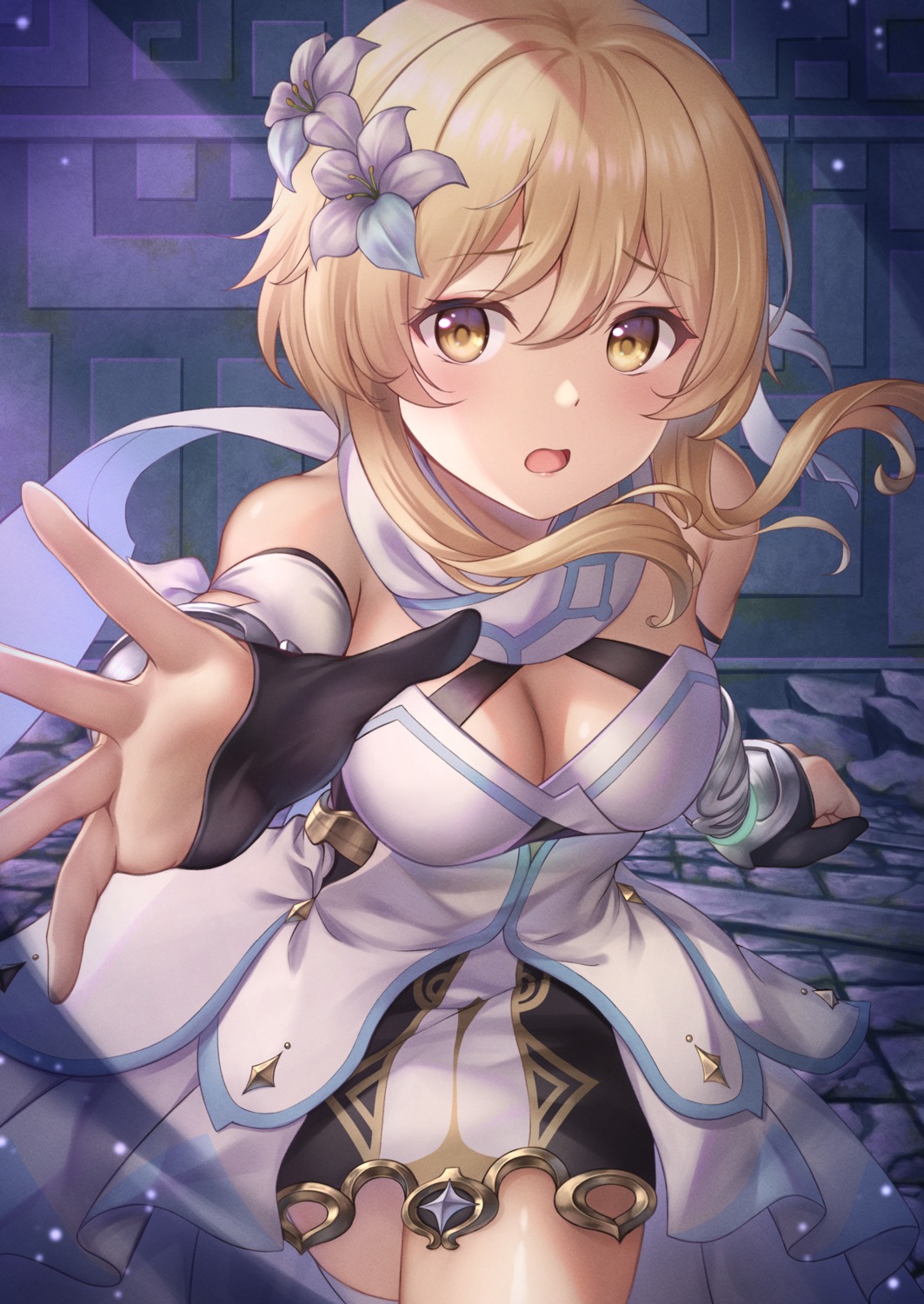 cleavage, genshin_impact, lumine, thighhighs, yuririn_poi
