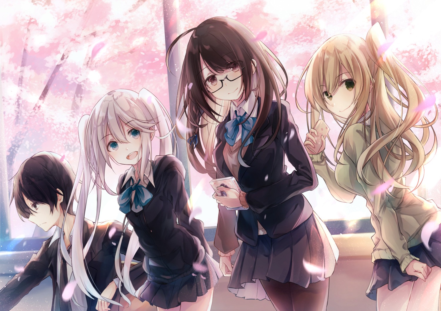 3rd_singularity, hoshikawa_saki, kadokura_ryouta, megane, mogupon, pantyhose, seifuku, shindou_airi, skirt_lift, sweater, yotsubanasakura, yumikawa_haruna
