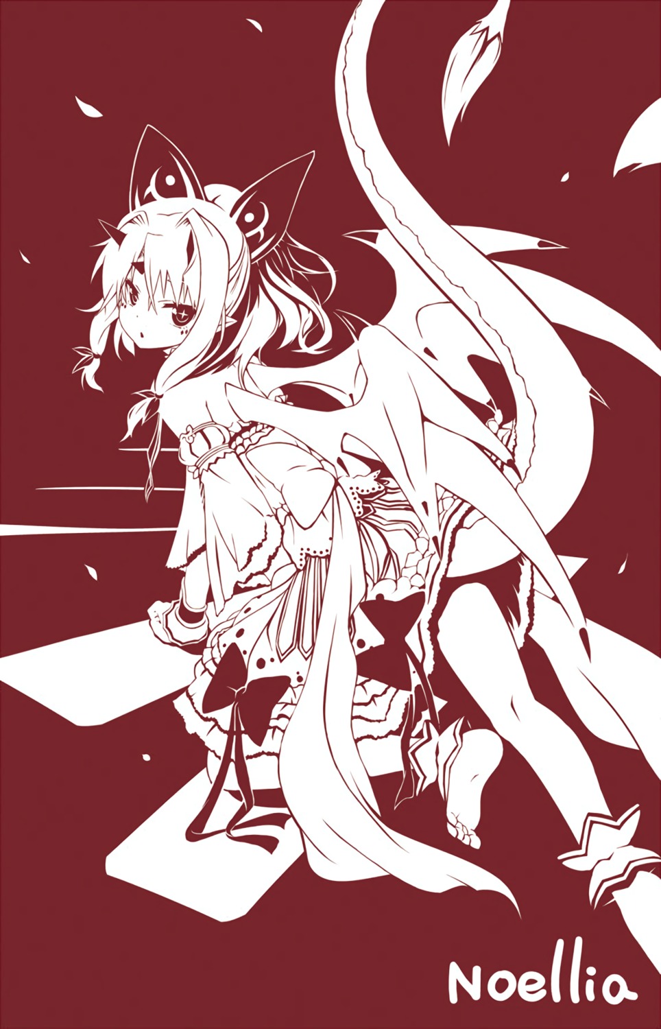 eushully, horns, kami_no_rhapsody, monochrome, noellia, pointy_ears, skirt_lift, tail, wings, yano_mitsuki