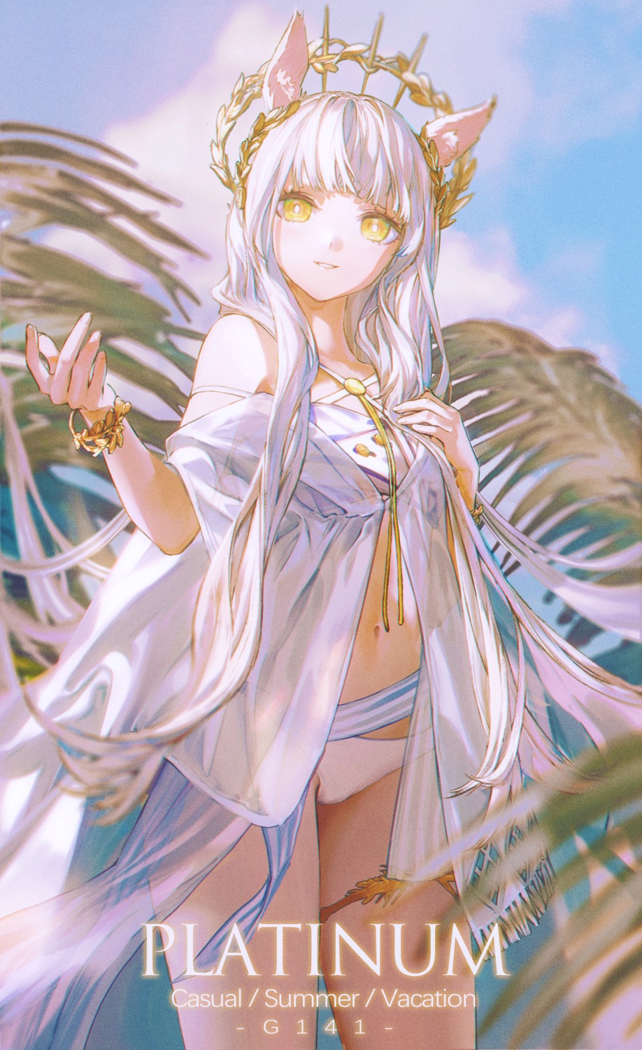 animal_ears, arknights, bikini, g141, garter, open_shirt, platinum_(arknights), see_through, swimsuits