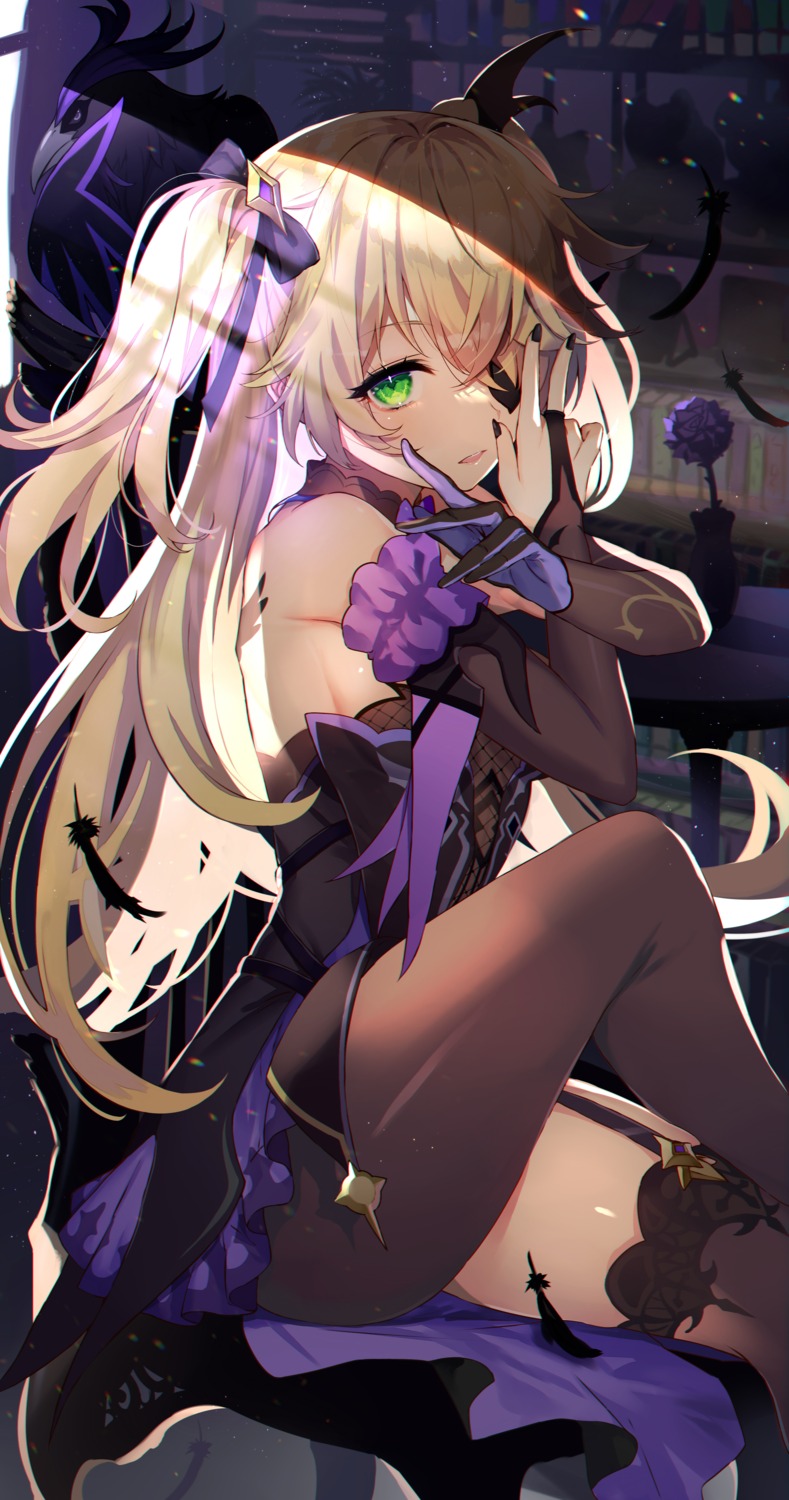 abusoru, eyepatch, fischl, fishnets, genshin_impact, no_bra, stockings, thighhighs