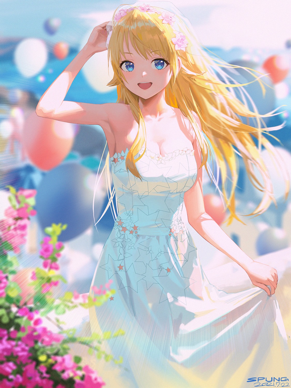 dress, hachimiya_meguru, no_bra, skirt_lift, spung, summer_dress, the_idolm@ster, the_idolm@ster_shiny_colors