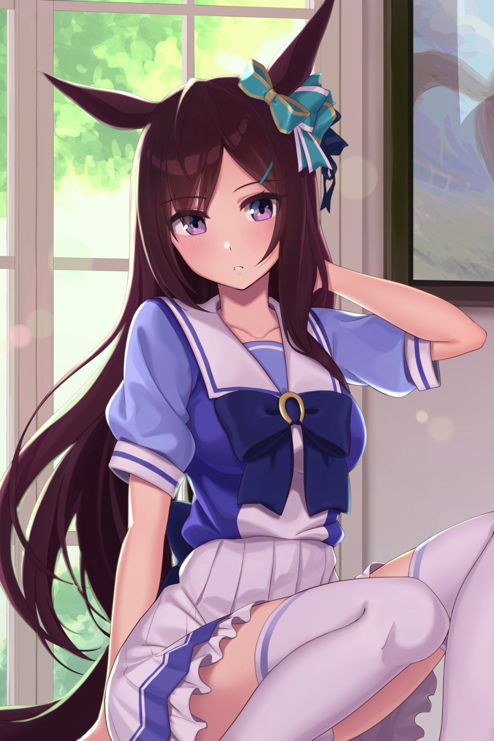 animal_ears, inuyabu_cc, mejiro_dober_(umamusume), seifuku, skirt_lift, tail, thighhighs, uma_musume_pretty_derby