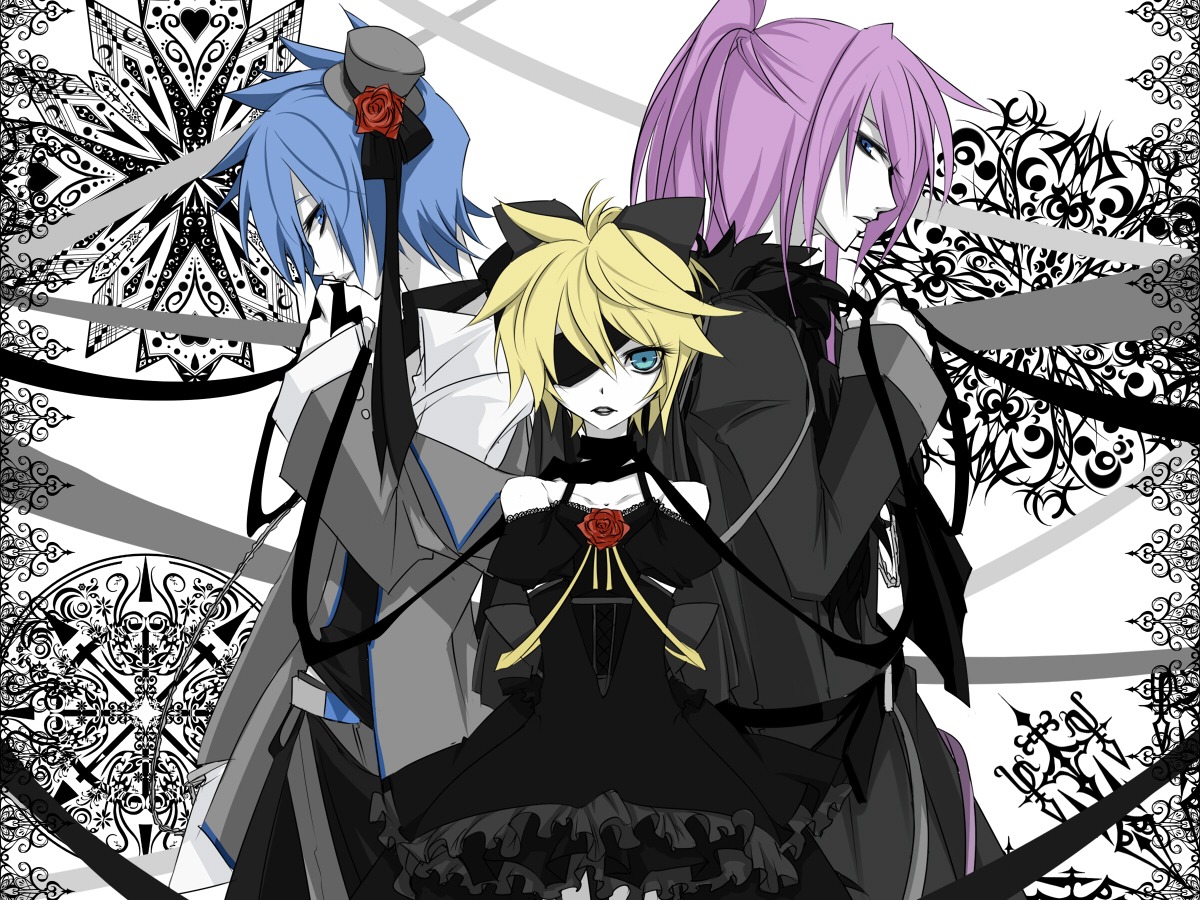 crossdress, eyepatch, gothic_lolita, haru_aki, imitation_black_(vocaloid), kagamine_len, kaito, kamui_gakupo
