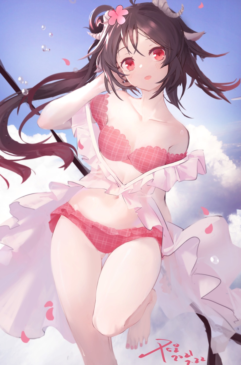 animal_ears, arknights, bikini, black_poi, eyjafjalla_(arknights), horns, open_shirt, skirt_lift, swimsuits