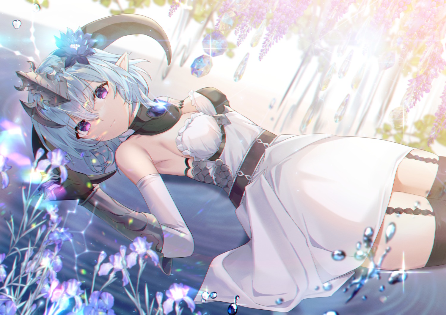 dress, horns, no_bra, poho, pointy_ears, shadowverse, skirt_lift, stockings, thighhighs, whitefrost_dragonewt_filene