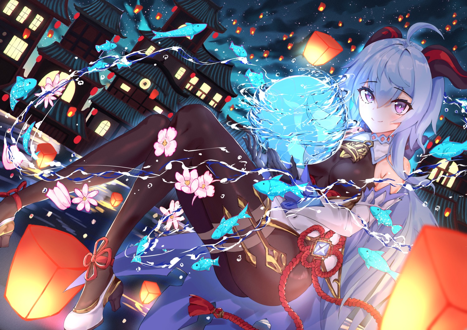 asian_clothes, ganyu, genshin_impact, heels, horns, lankuchashuangjielong, skirt_lift