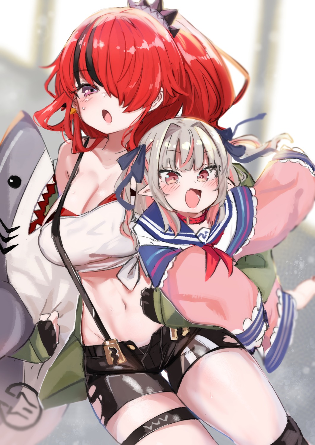 cleavage, garter, kio_(yumekuikio), lain_paterson, makaino_ririmu, nijisanji, nijisanji_gamers, pointy_ears, torn_clothes
