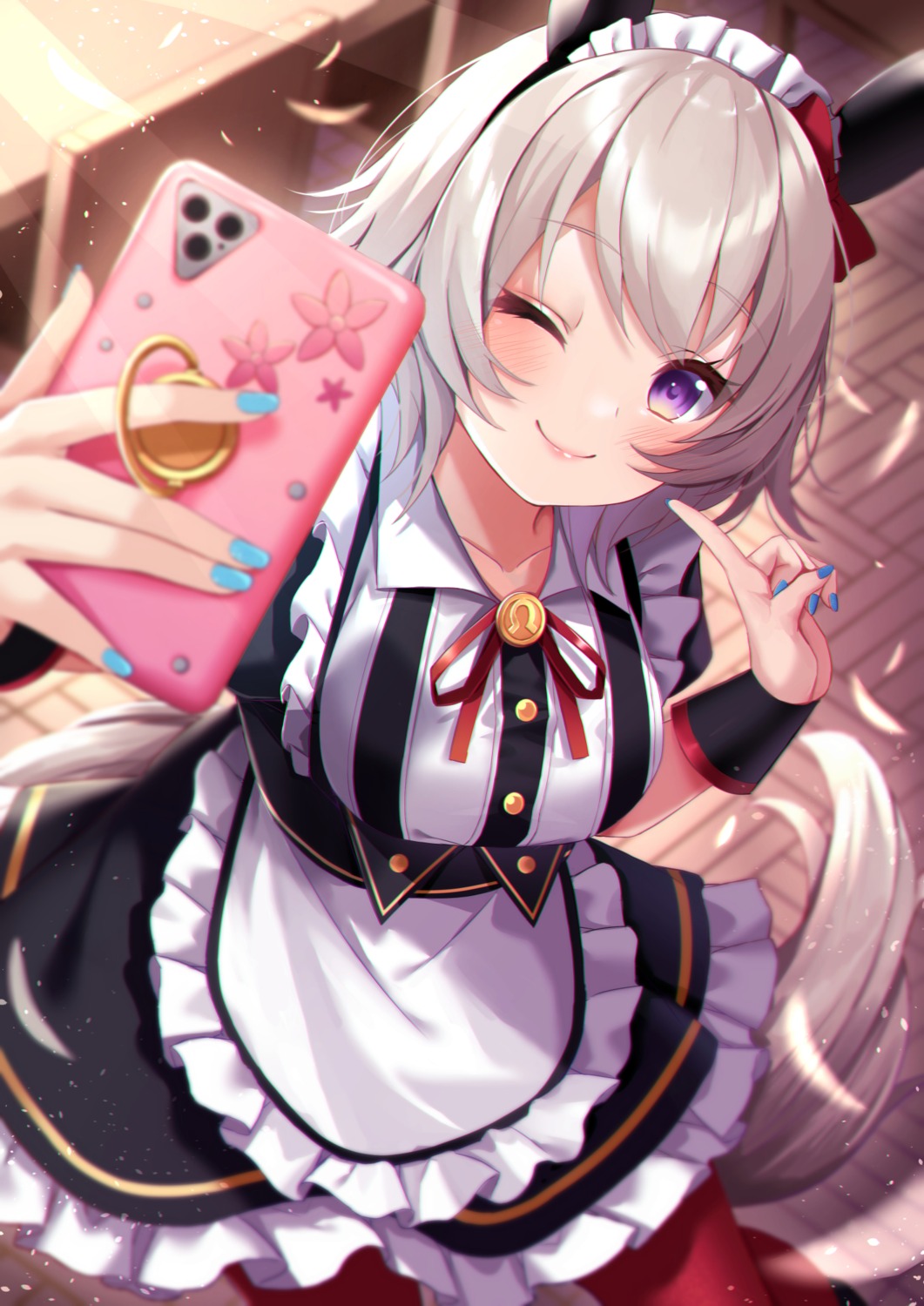 amahara_pekozaemon, animal_ears, curren_chan_(umamusume), maid, pantyhose, selfie, tail, uma_musume_pretty_derby