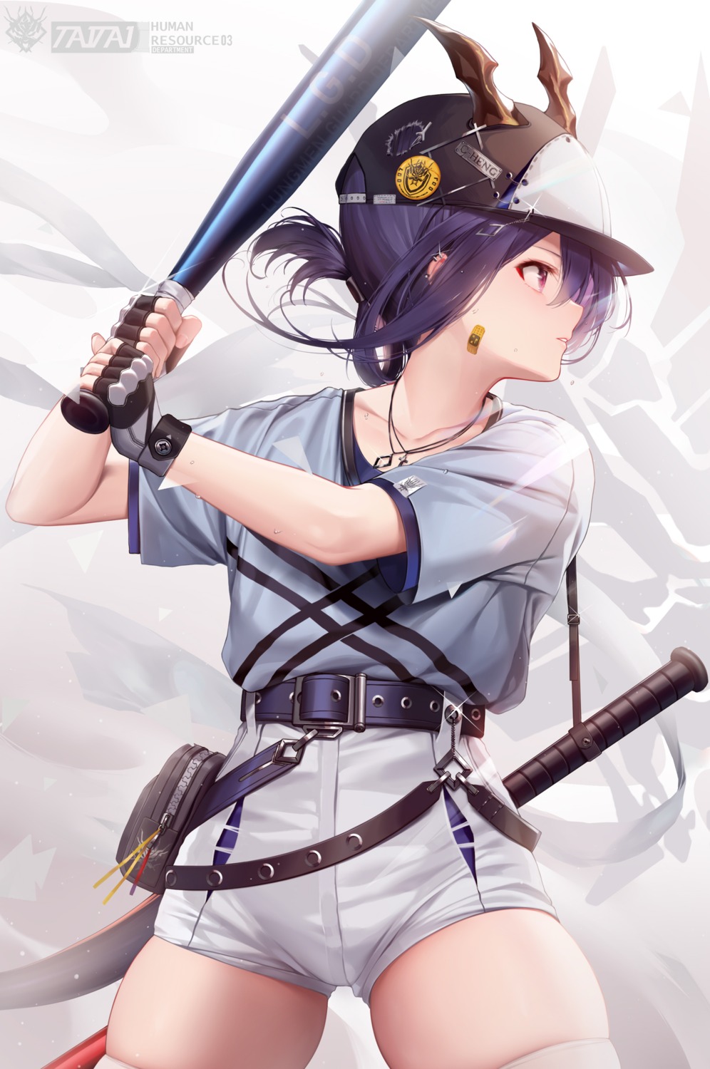 arknights, bandaid, baseball, ch'en_(arknights), horns, sword, tail, taitai