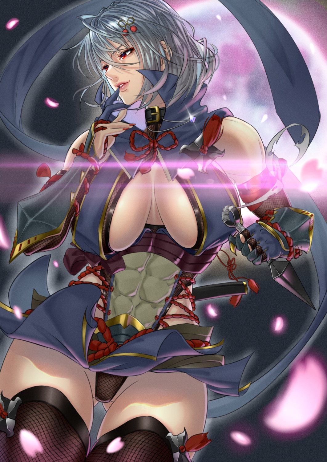 anima_(togashi), armor, cosplay, fishnets, japanese_clothes, kamura_(monster_hunter_rise), leotard, monster_hunter, monster_hunter_rise, ninja, ninja_(tera_online), no_bra, skirt_lift, sword, tera_online, thighhighs, weapon