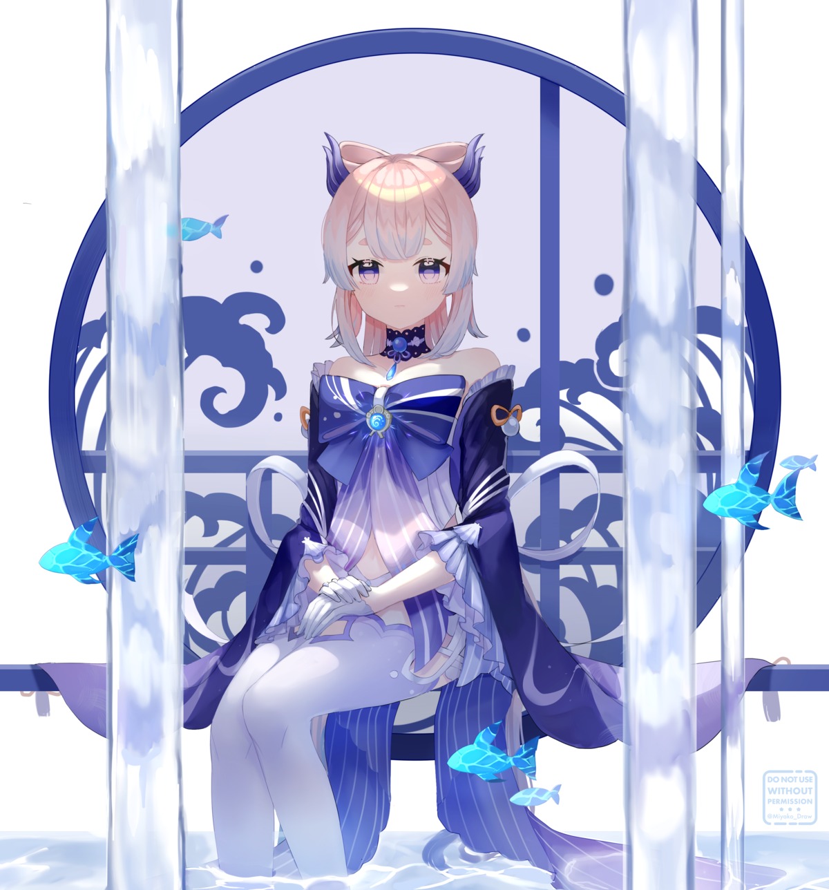 asian_clothes, genshin_impact, horns, miyako_draw, sangonomiya_kokomi, thighhighs, wet