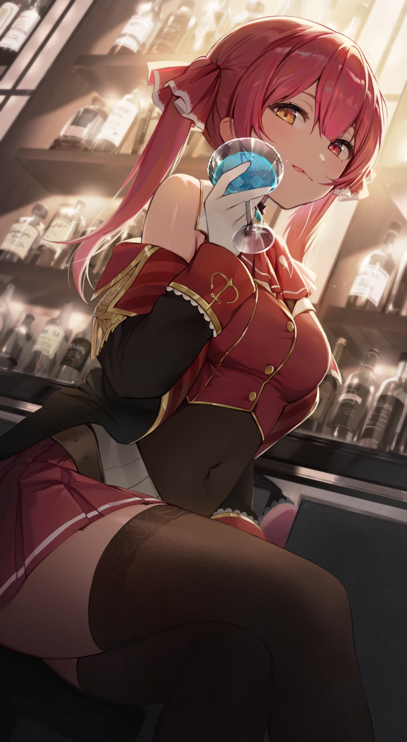 eso_(toory), heterochromia, hololive, houshou_marine, skirt_lift, thighhighs