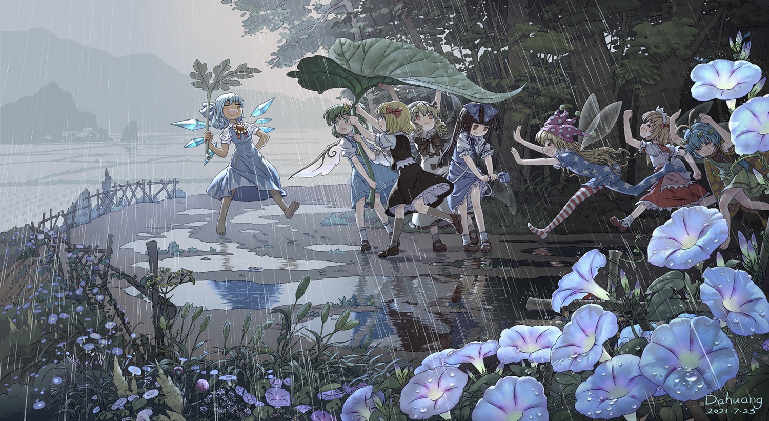 cirno, clownpiece, dahuang, dress, pantyhose, rumia, skirt_lift, star_sapphire