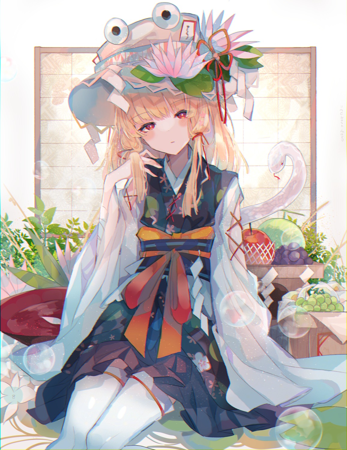 japanese_clothes, moriya_suwako, skirt_lift, thighhighs, touhou, umemaro