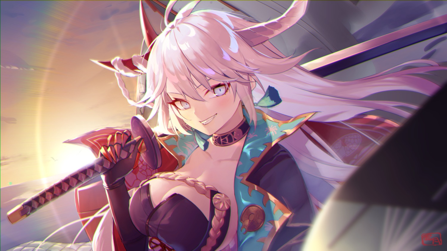 azur_lane, cleavage, hakuryuu_(azur_lane), horns, japanese_clothes, no_bra, shimotsuki_shio, sword
