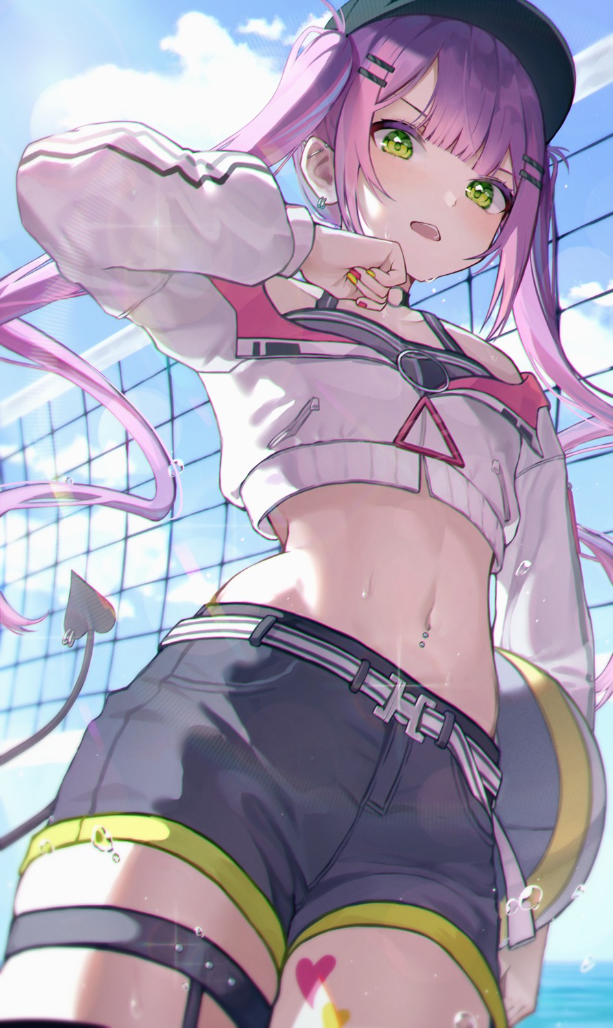 garter, han_seol, hololive, tail, tattoo, tokoyami_towa, wet