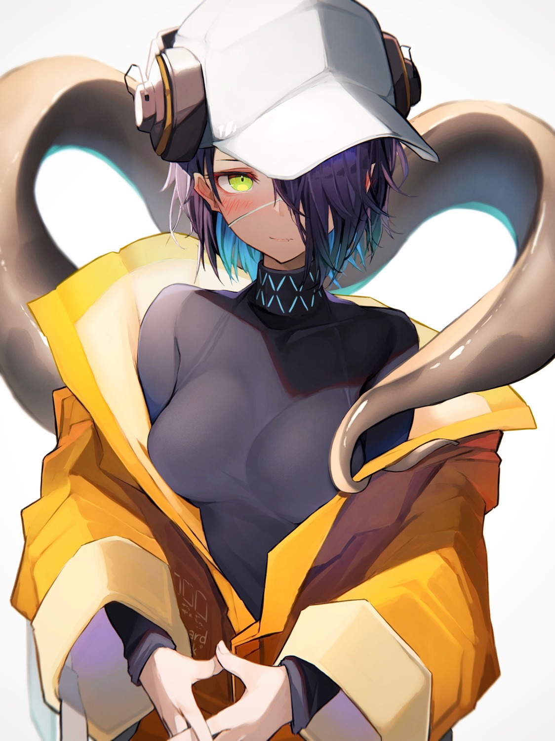 arknights, asbestos_(arknights), bodysuit, headphones, open_shirt, tab_head, tail