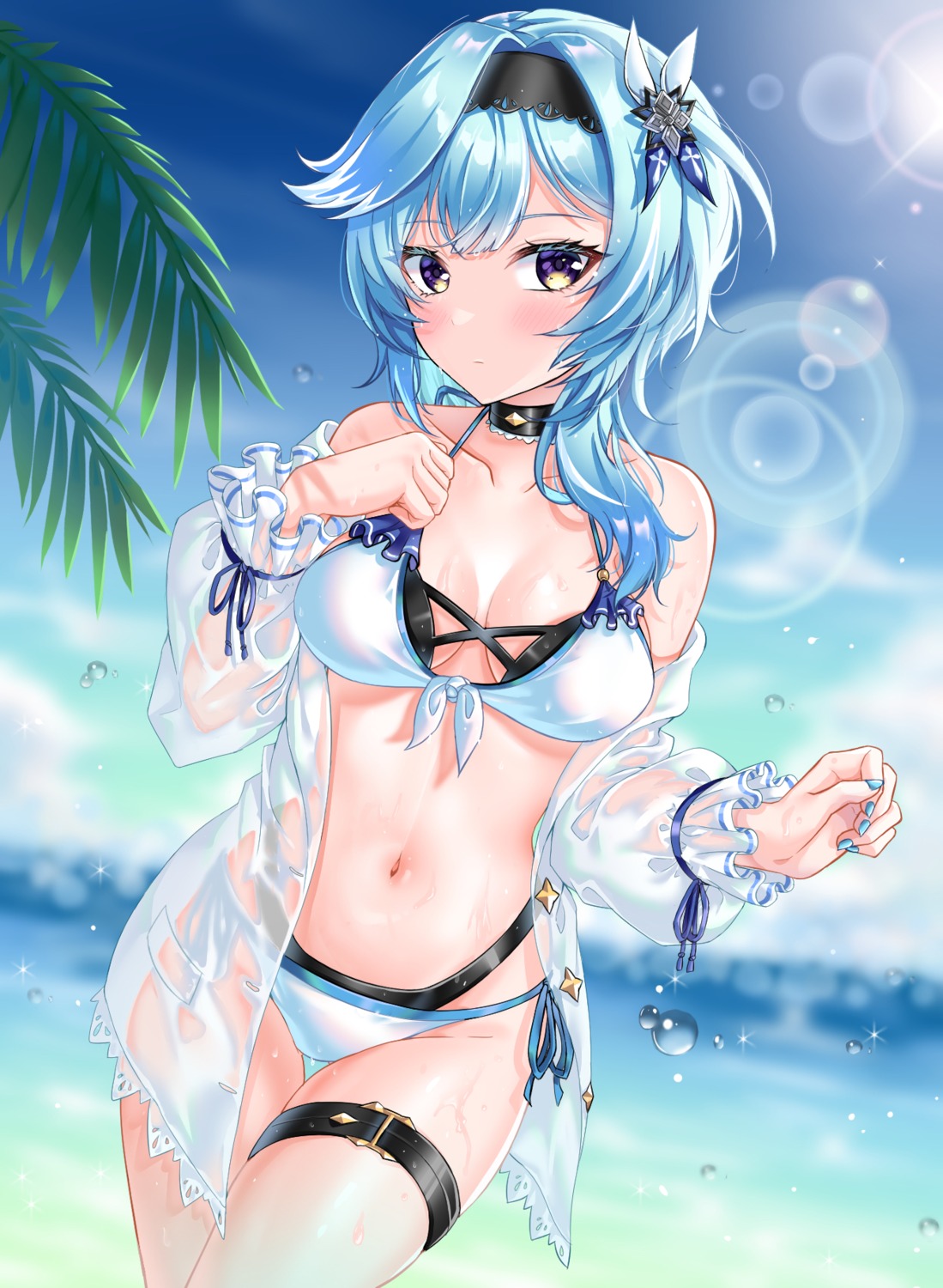 bikini, eula, garter, genshin_impact, open_shirt, see_through, swimsuits, wet, wet_clothes, yuito_(yuitokobunasbs0)