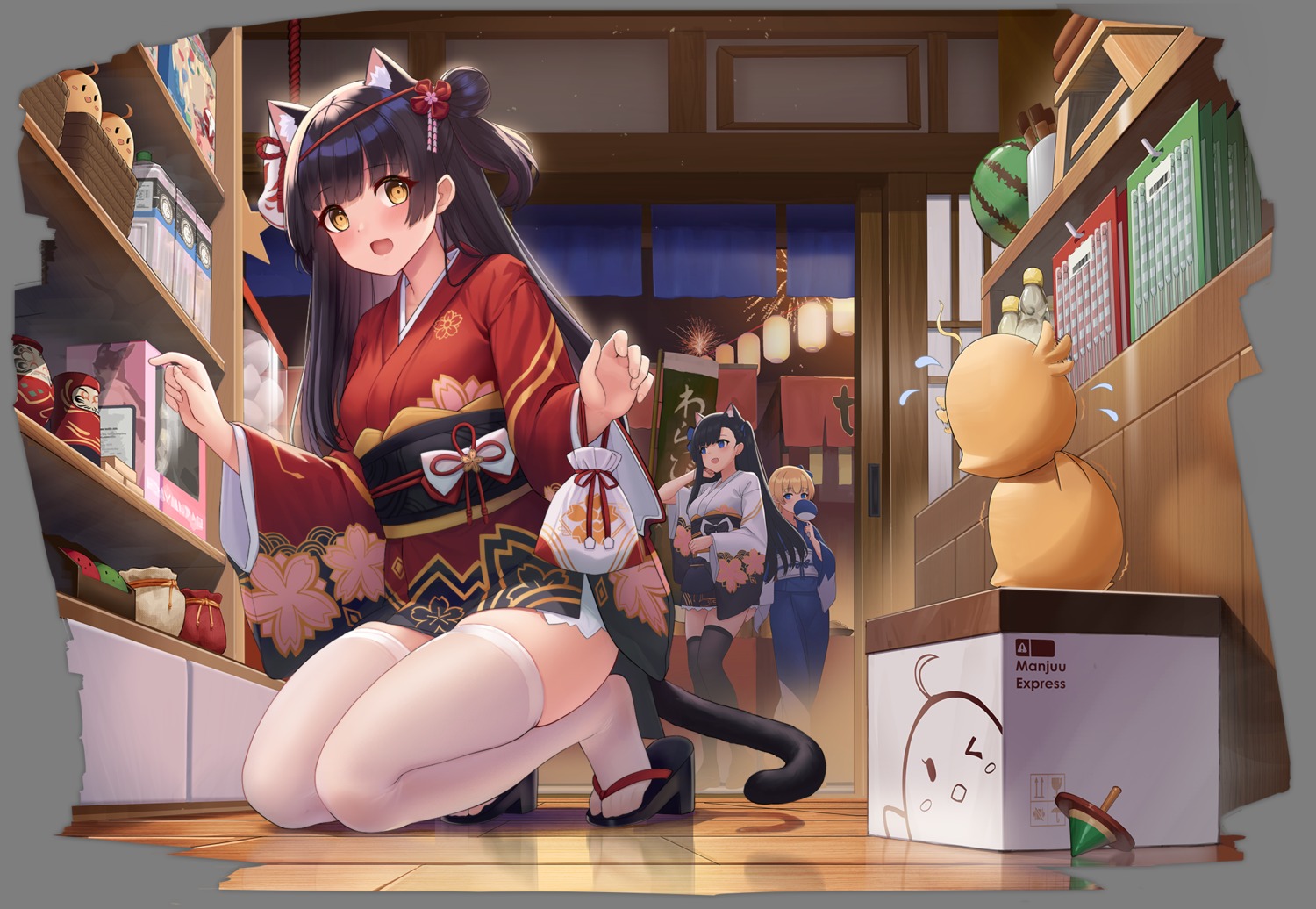 allenes, animal_ears, azur_lane, hatsuharu_(azur_lane), japanese_clothes, manjuu_(azur_lane), nekomimi, tail, thighhighs, yukata, yuugure_(azur_lane)
