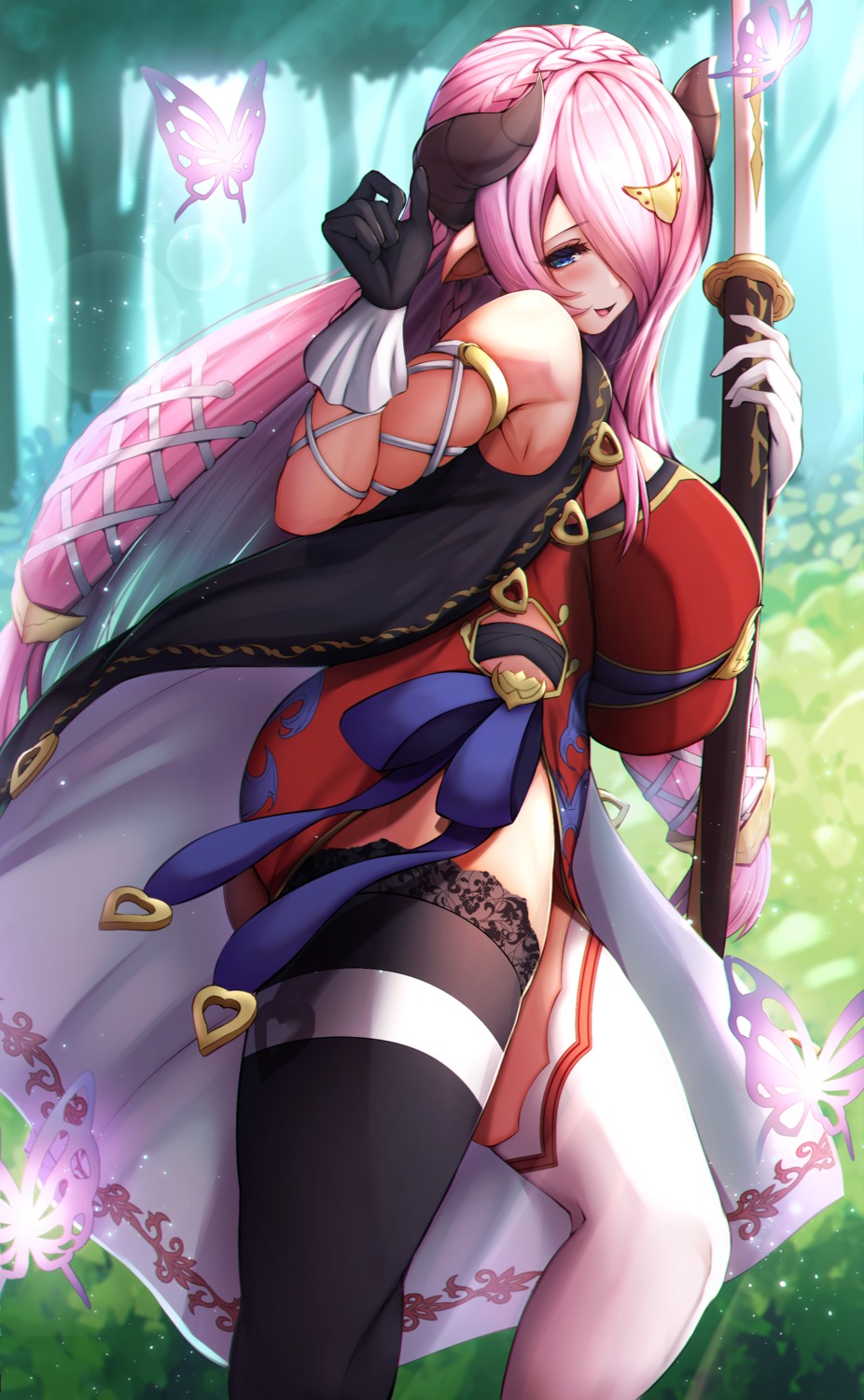 asian_clothes, ass, granblue_fantasy, horns, narumeia_(granblue_fantasy), pointy_ears, sword, thighhighs, tiri_man