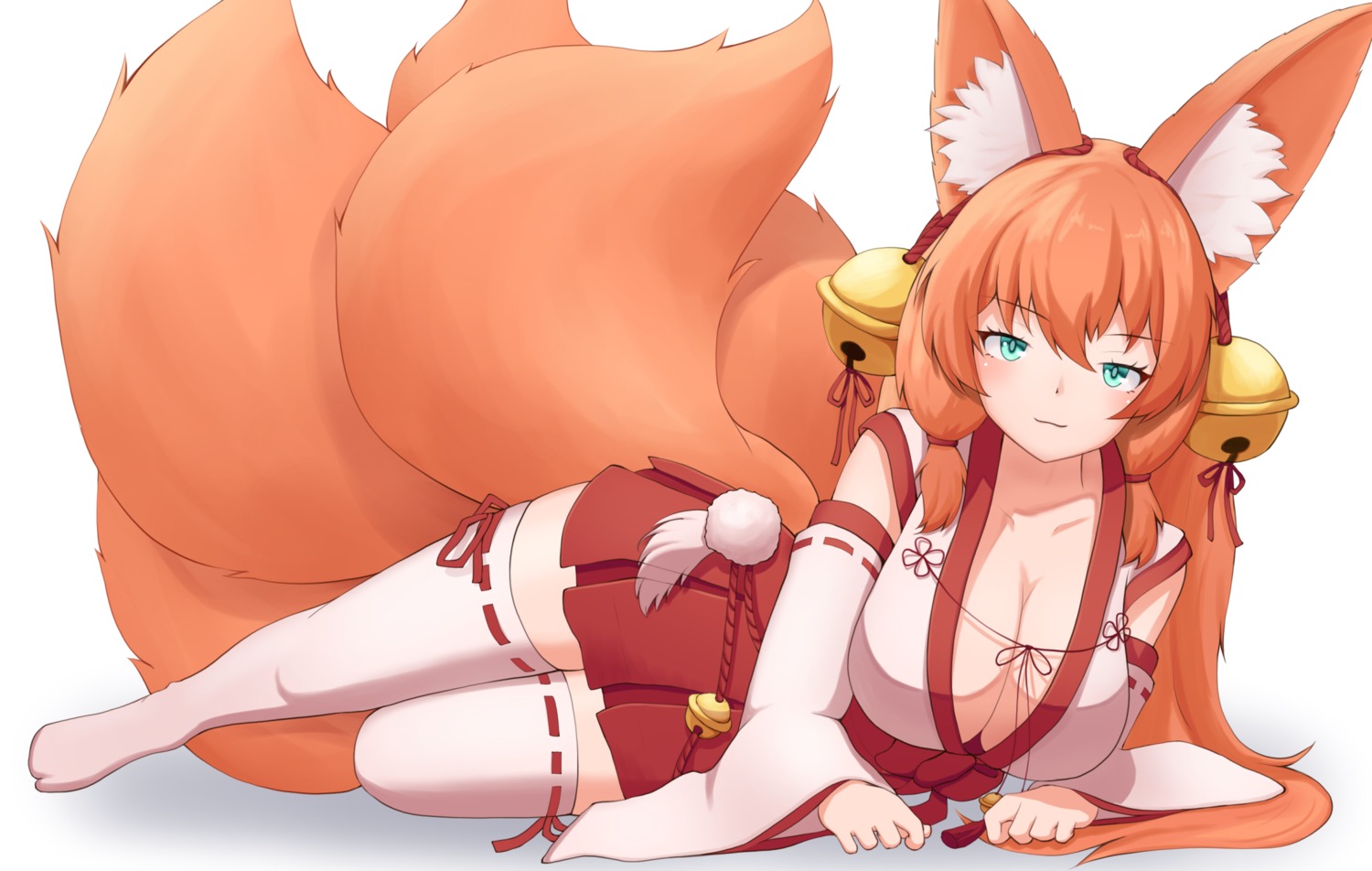 animal_ears, cysh, kitsune, miko, no_bra, open_shirt, tagme, tail, thighhighs