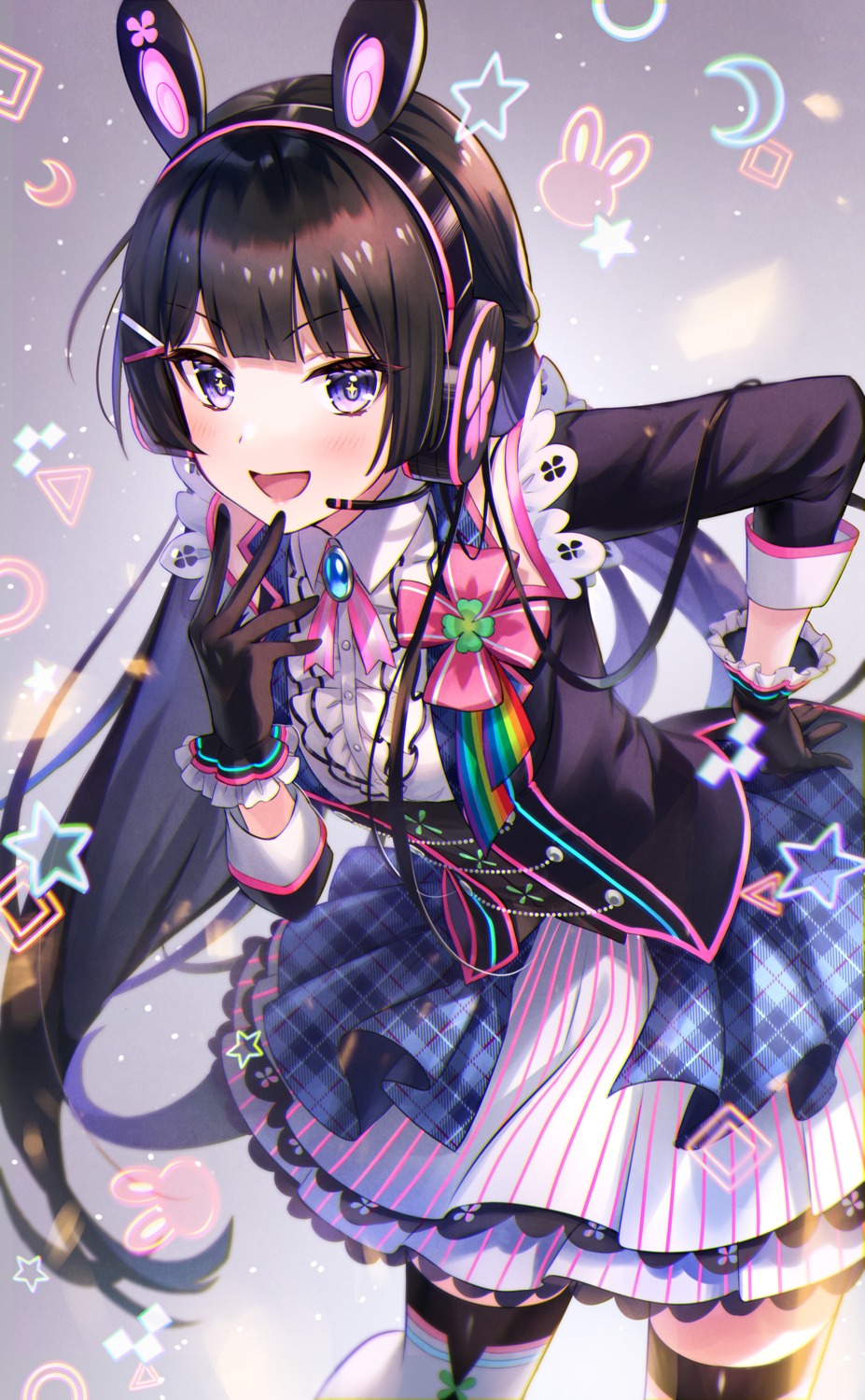 animal_ears, bunny_ears, headphones, iku2727, nijisanji, skirt_lift, thighhighs, tsukino_mito
