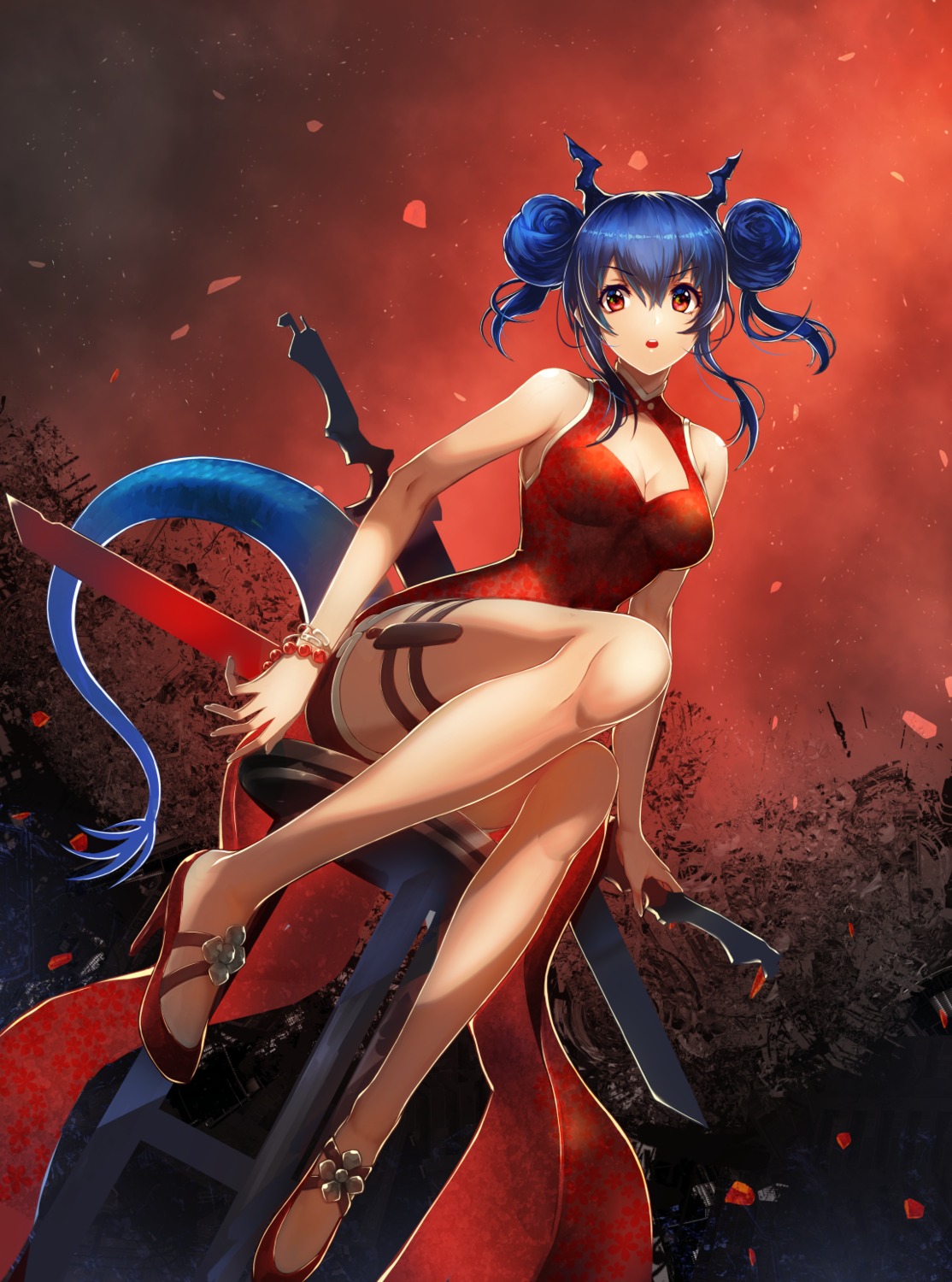 arknights, ch'en_(arknights), chinadress, cleavage, garter, heels, horns, sword, tail, take_tw01