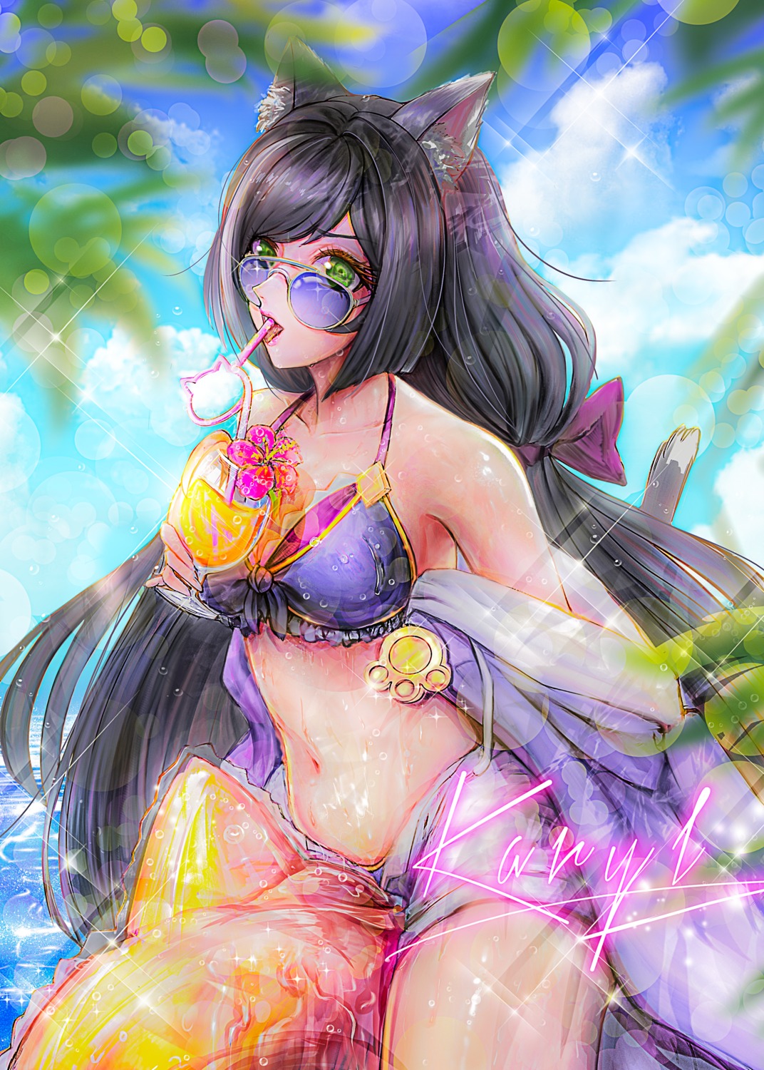 animal_ears, bikini, karyl_(princess_connect), megane, nekomimi, open_shirt, pinkuempire, princess_connect!