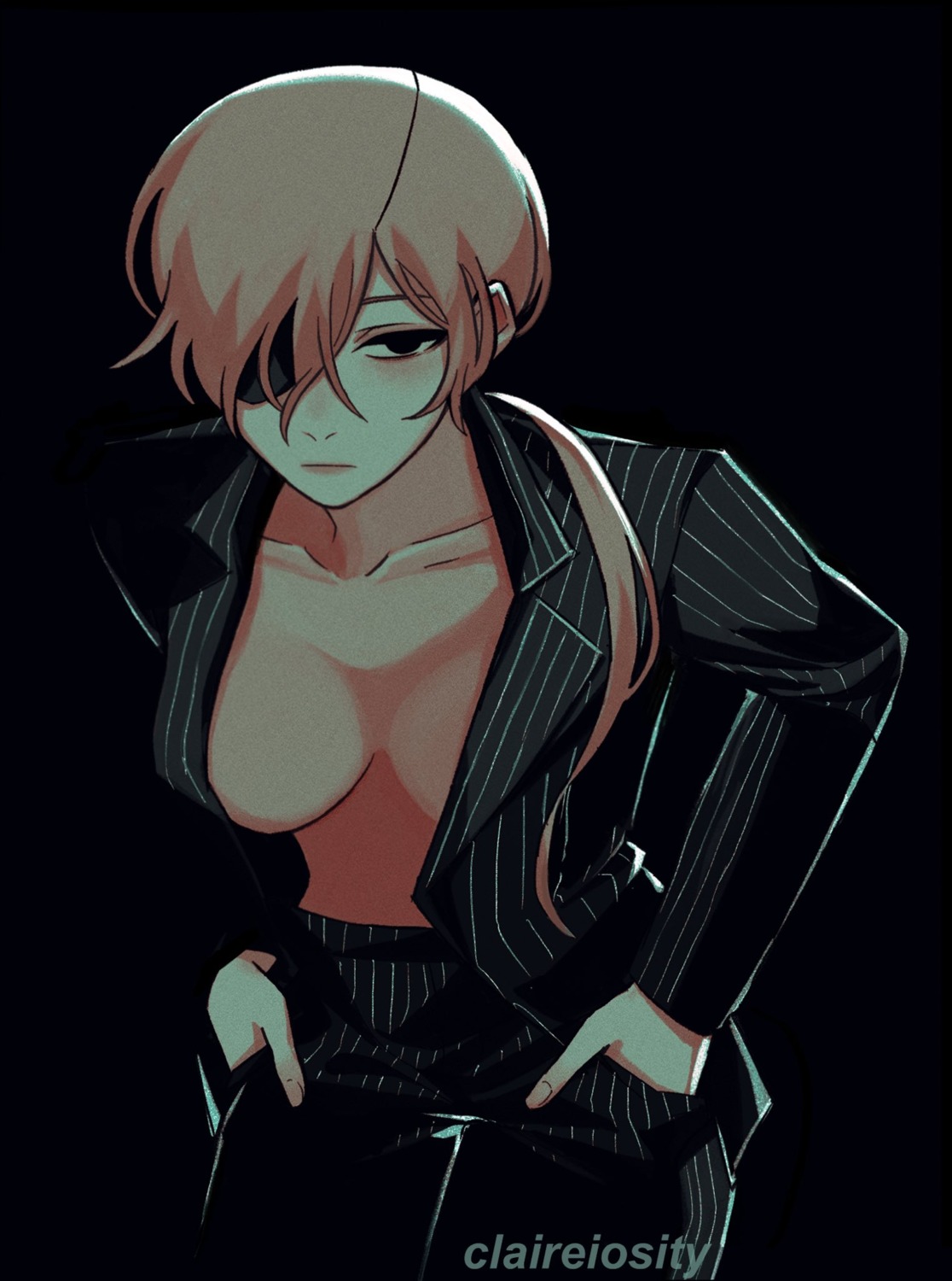 business_suit, chainsaw_man, claireiosity, eyepatch, no_bra, open_shirt, quanxi_(chainsaw_man)