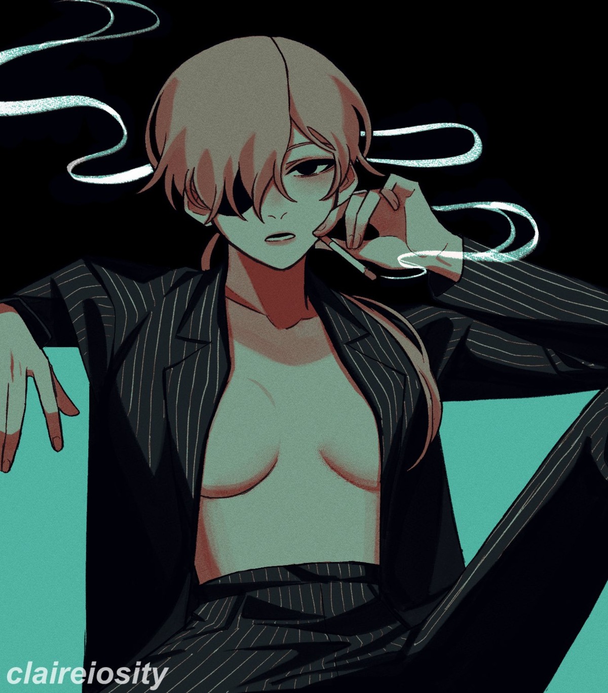 business_suit, chainsaw_man, claireiosity, eyepatch, no_bra, open_shirt, quanxi_(chainsaw_man), smoking