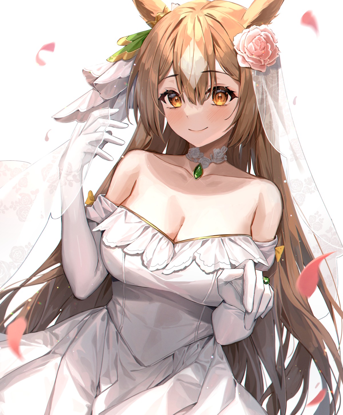 animal_ears, cleavage, dress, minttchocok, no_bra, satono_diamond_(umamusume), uma_musume_pretty_derby, wedding_dress