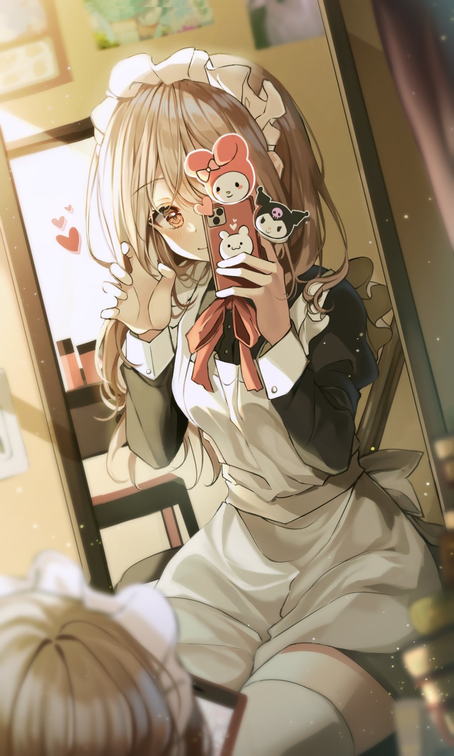 duyu, kuromi_(sanrio), maid, my_melody, selfie, skirt_lift, thighhighs