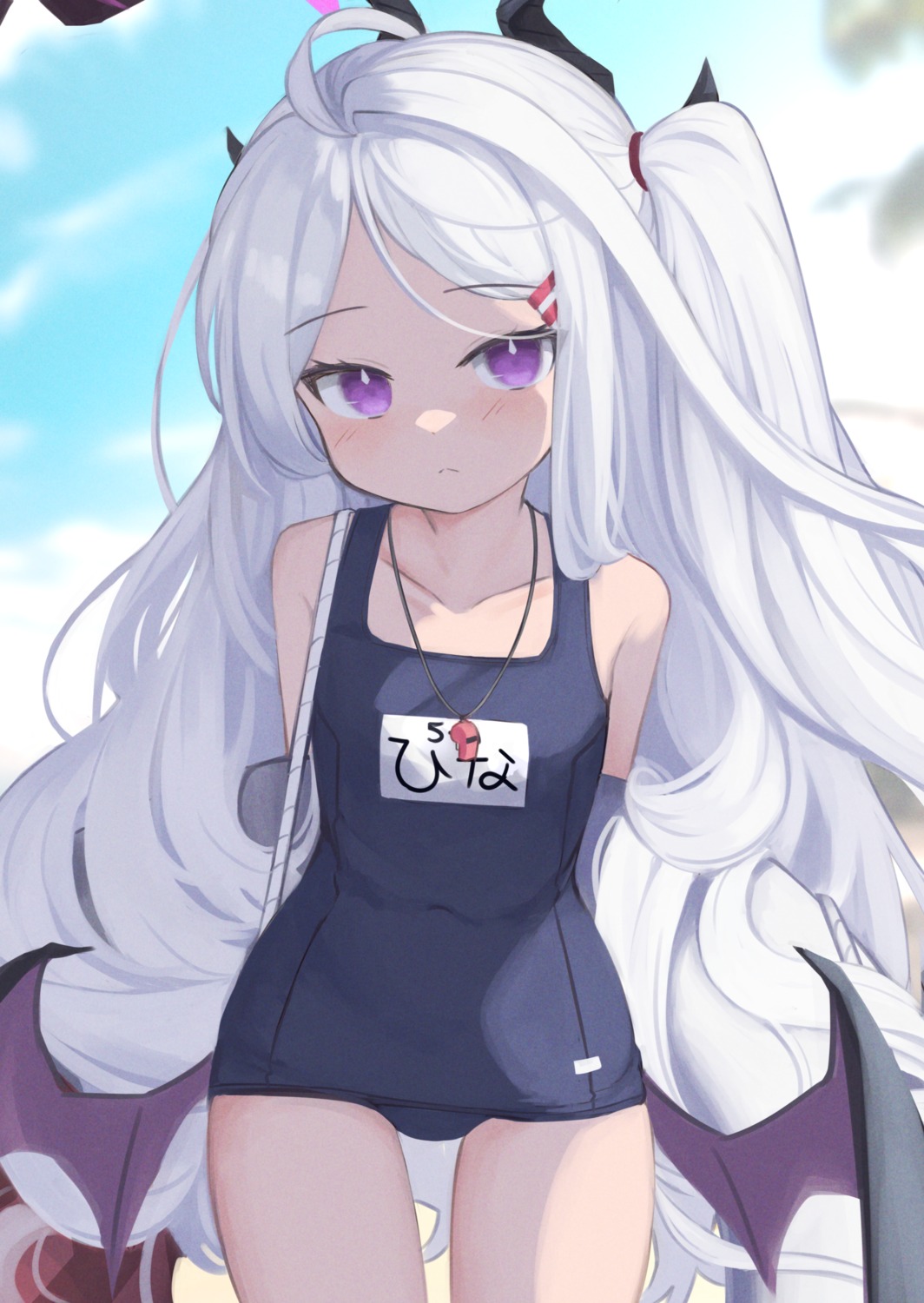 blue_archive, devil, horns, klaius, school_swimsuit, sorasaki_hina, swimsuits, wings