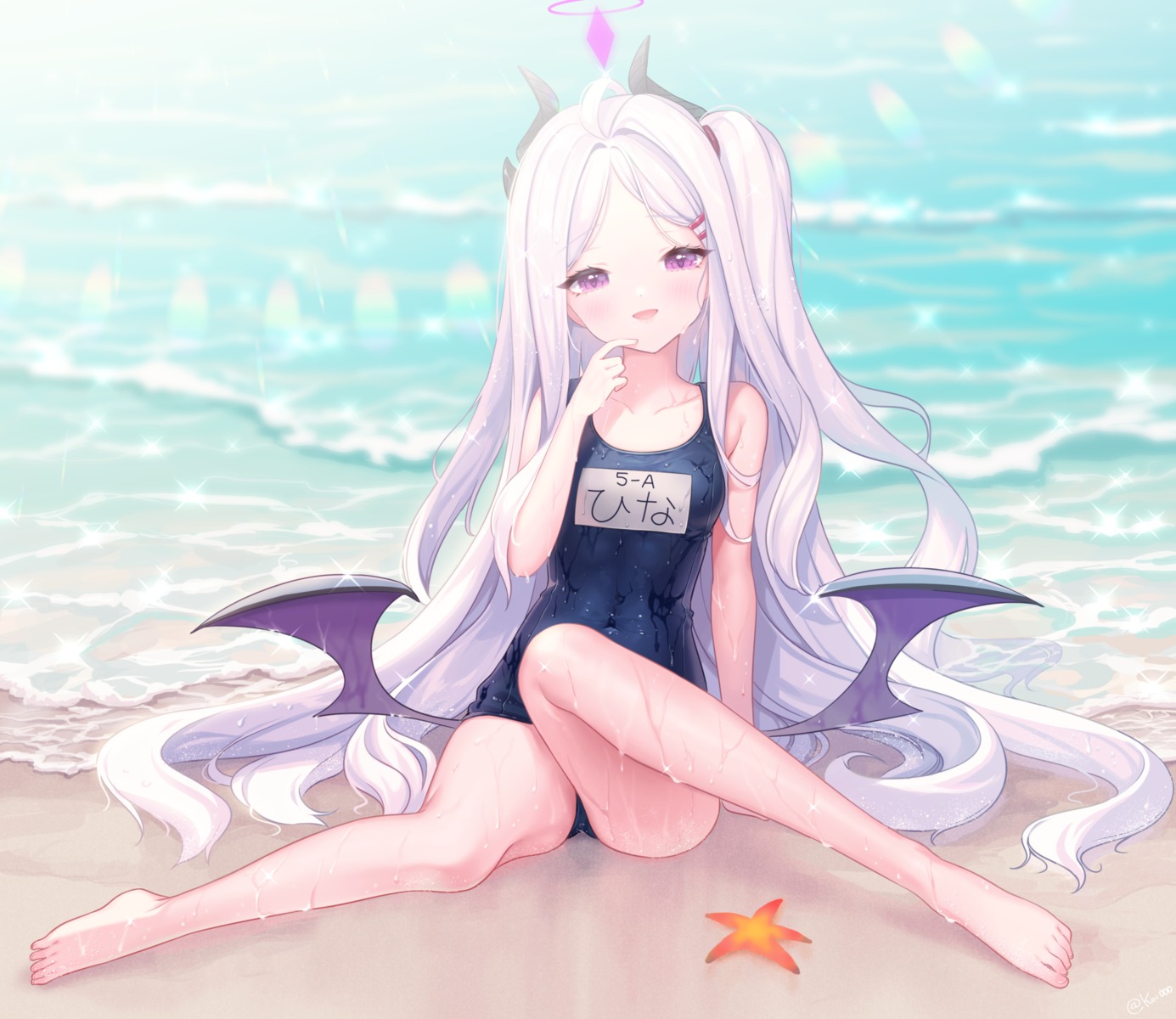 blue_archive, devil, horns, nishiki_koi, school_swimsuit, sorasaki_hina, swimsuits, wet