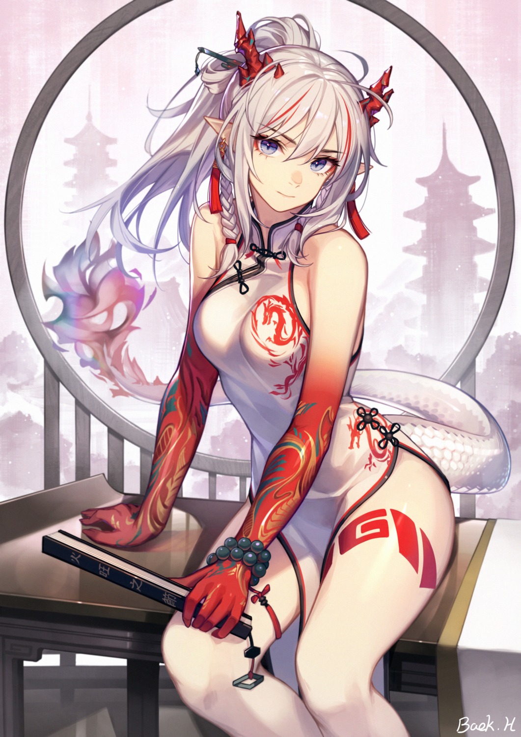arknights, baek_hyang, chinadress, garter, horns, nian_(arknights), pointy_ears, tail