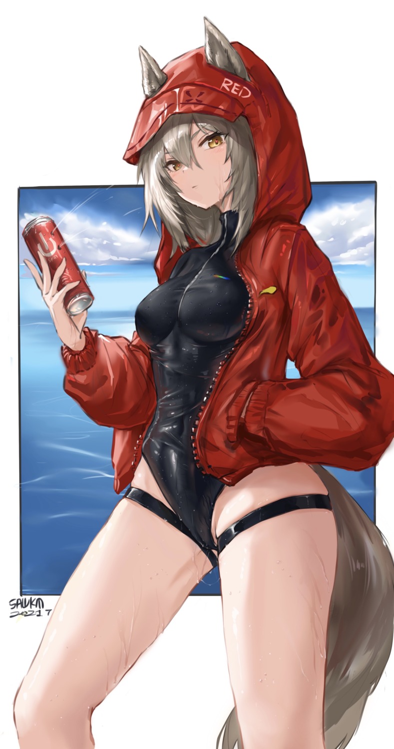 animal_ears, arknights, garter, projekt_red_(arknights), sawkm, swimsuits, tail, wet