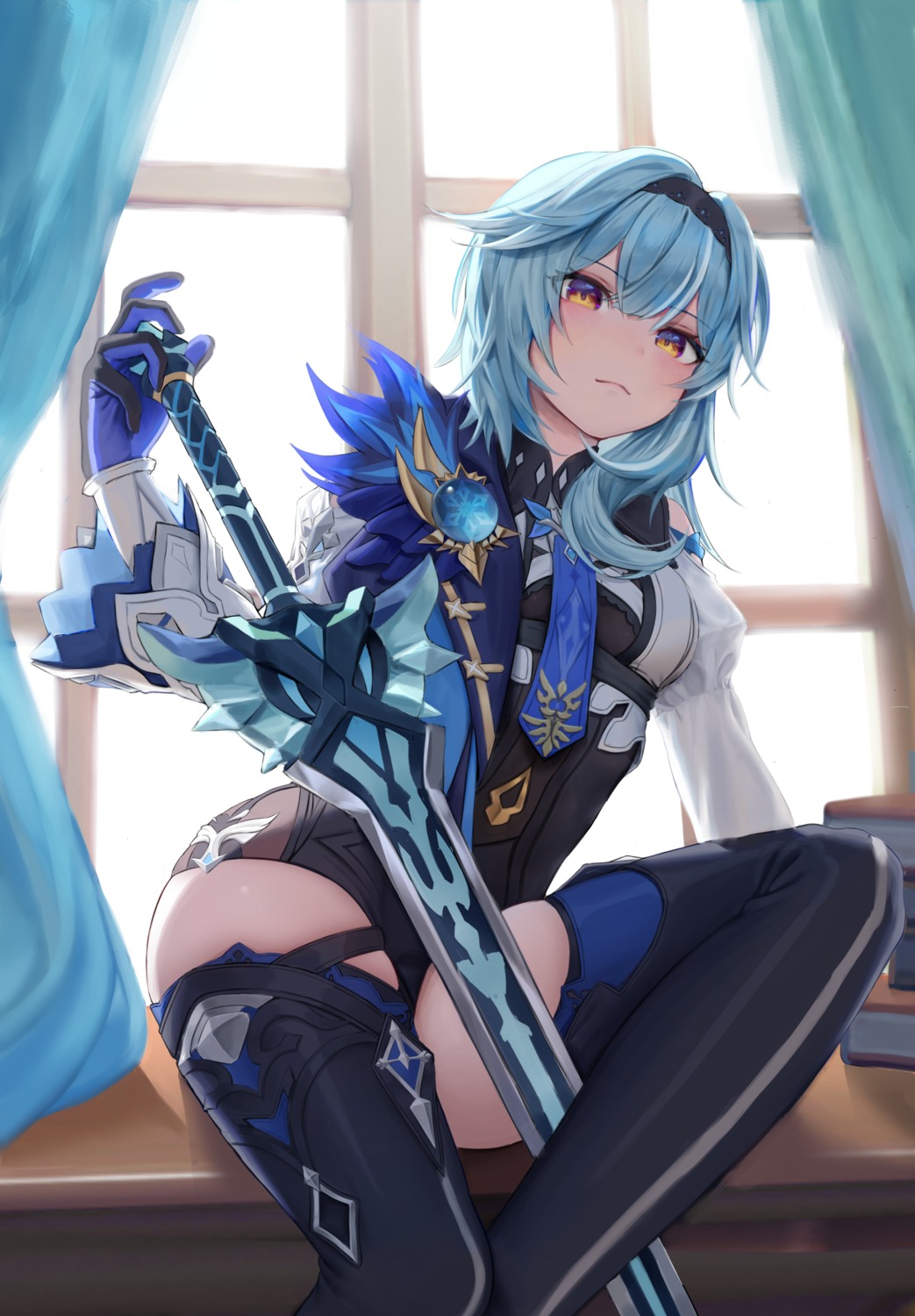 eula, garter, genshin_impact, ritae, sword, thighhighs