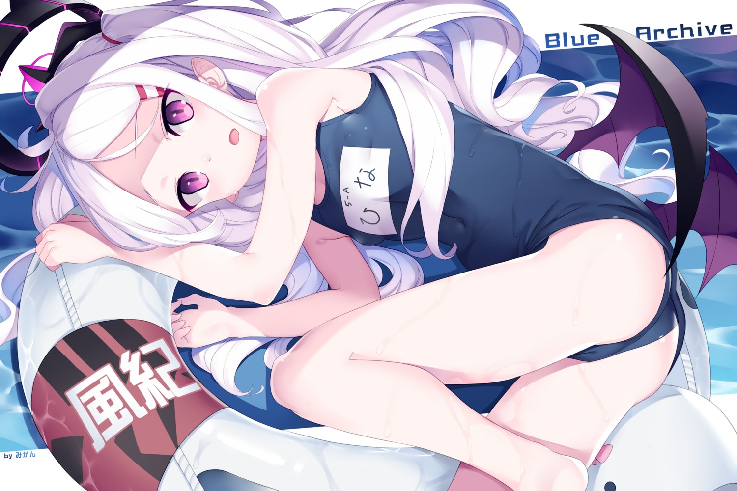 ass, blue_archive, devil, halo, horns, mikan_(bananoha), school_swimsuit, sorasaki_hina, swimsuits, wings