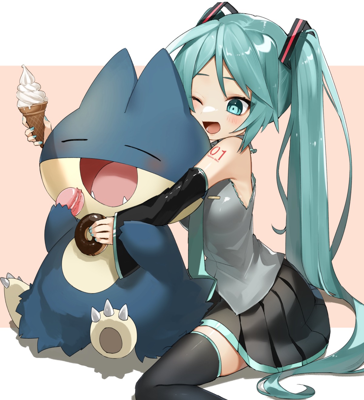 crossover, hatsune_miku, munchlax, pokemon, reirou_(chokoonnpu), tattoo, thighhighs, vocaloid