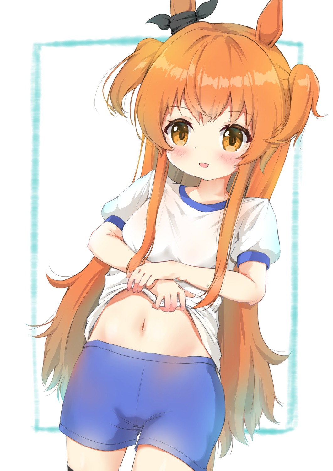 animal_ears, gym_uniform, maru_shion, mayano_top_gun_(umamusume), shirt_lift, tail, uma_musume_pretty_derby, undressing
