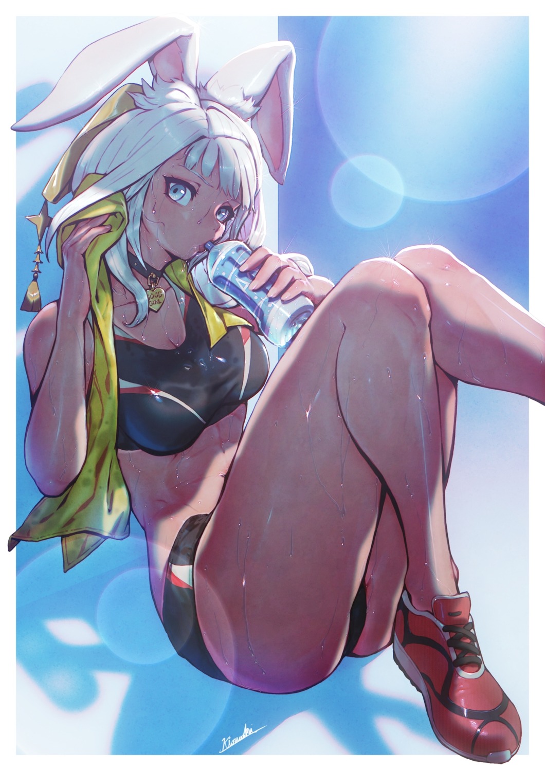 animal_ears, bra, bunny_ears, buruma, gym_uniform, kio_naoki, towel, wet