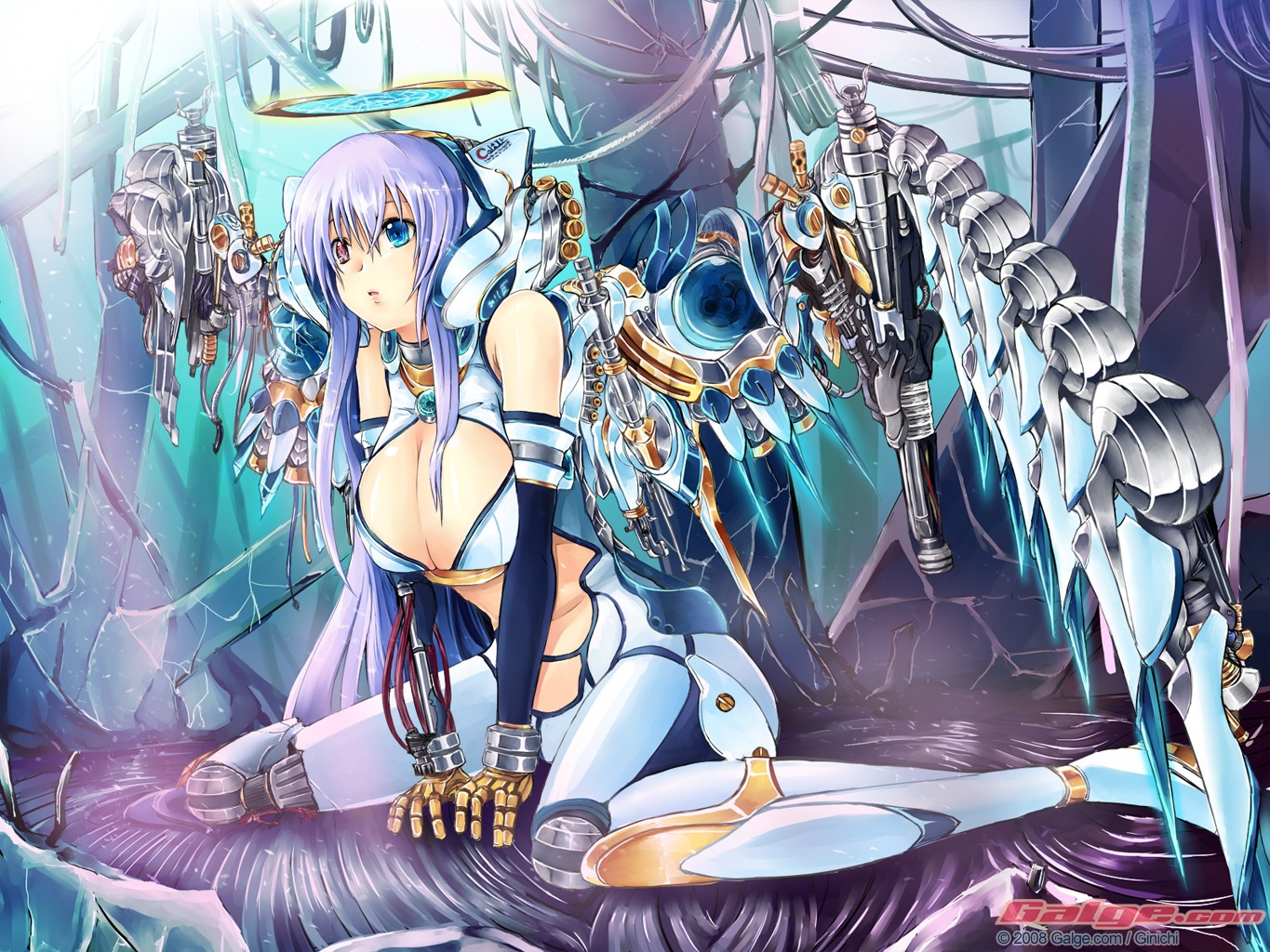 cleavage, galge.com, ginichi, heterochromia, mecha_musume, wallpaper, wings