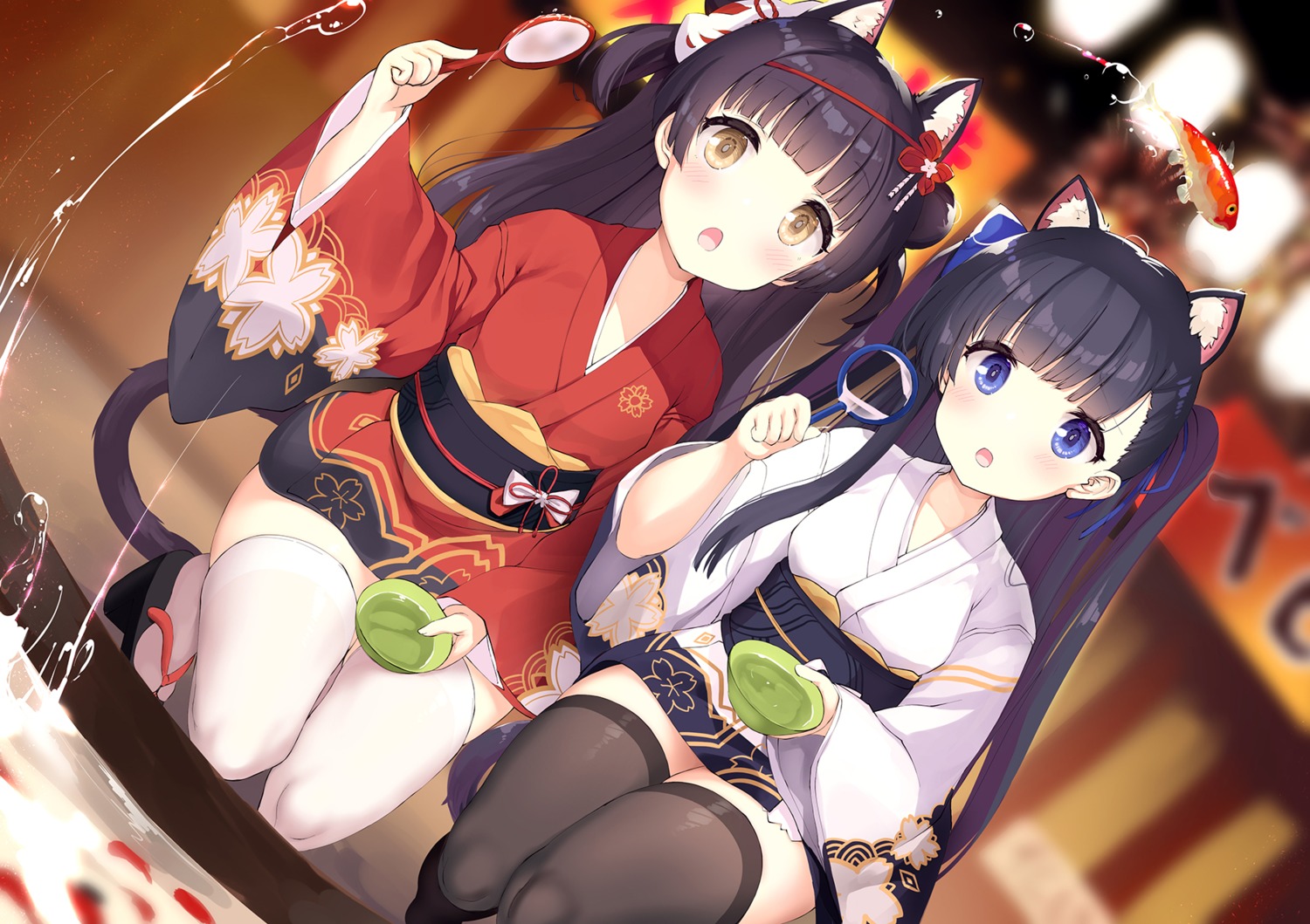 animal_ears, azur_lane, hatsuharu_(azur_lane), japanese_clothes, nekomimi, ochinsama, tail, thighhighs, yuugure_(azur_lane)