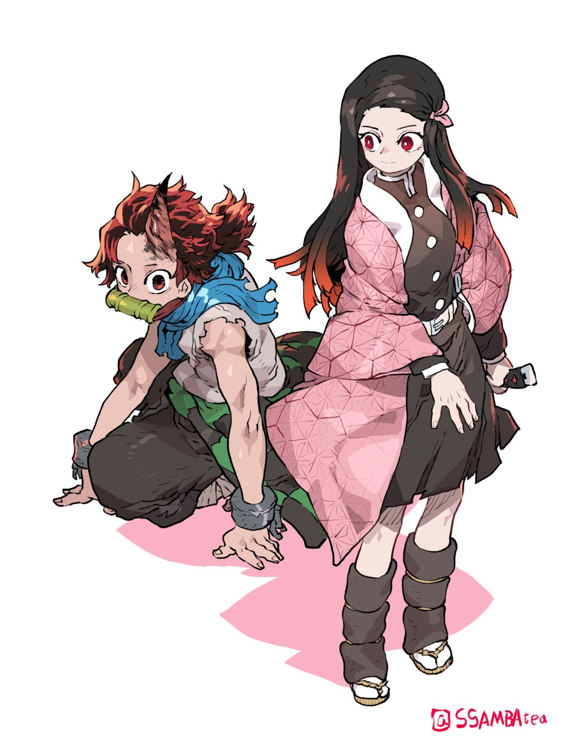cosplay, horns, japanese_clothes, kamado_nezuko, kamado_tanjirou, kimetsu_no_yaiba, ssambatea, uniform